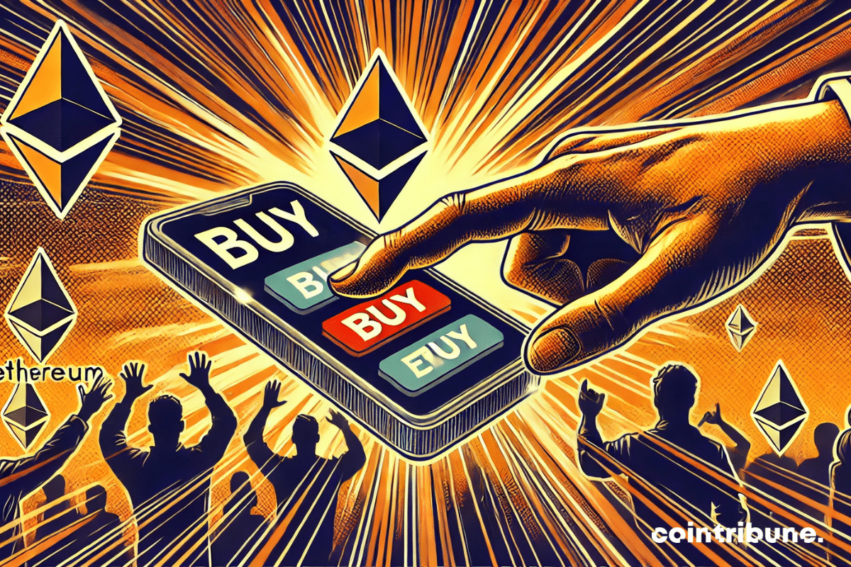 A powerful hand pressing a buy button, with the screen displaying the Ethereum logo.