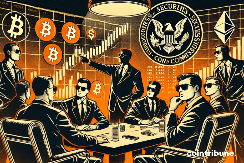 Crypto : Several SEC agents in dark trench coats and black sunglasses analyzing financial charts on a large screen.