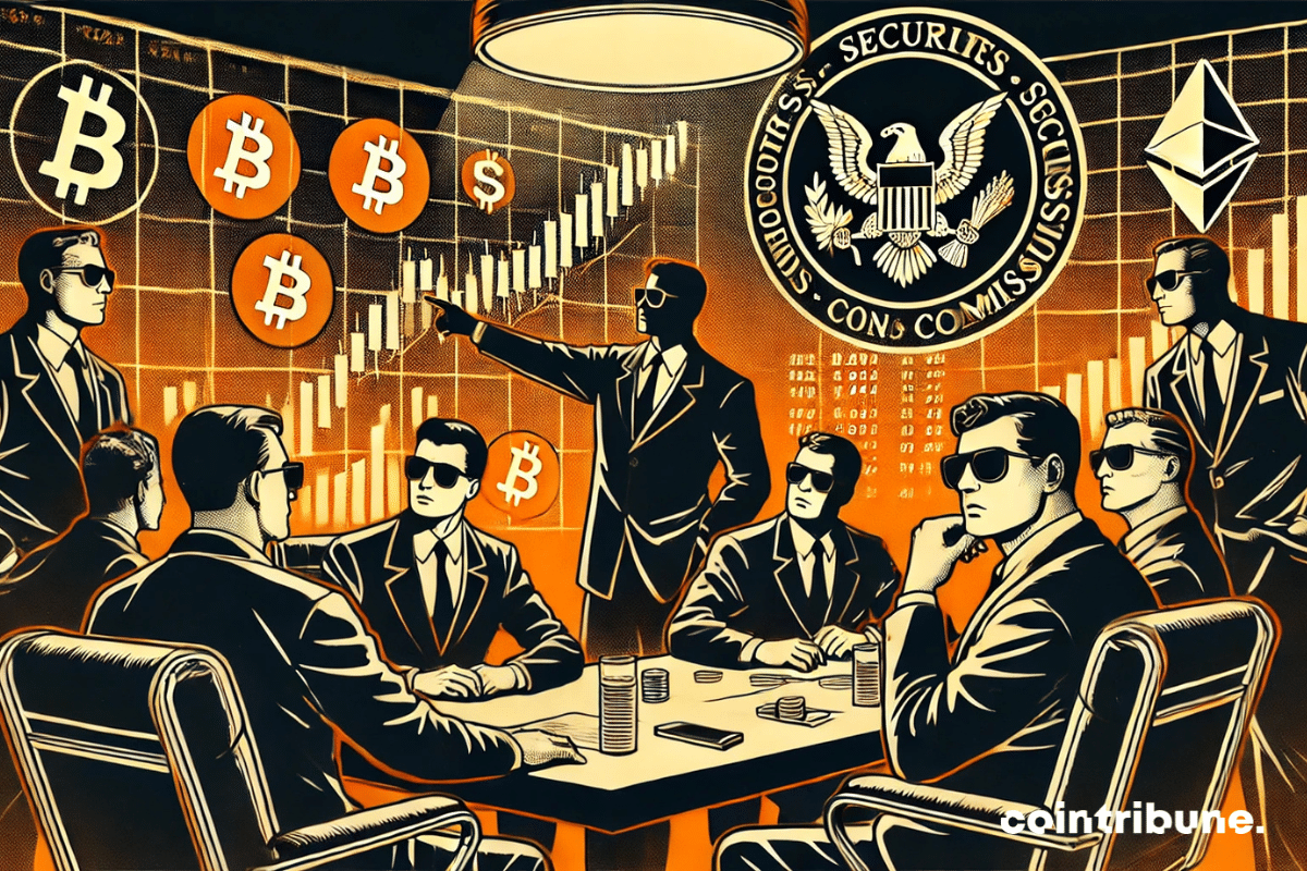 Cripto : Varios agentes de la SEC con gabardinas oscuras y gafas negras analizan gráficos financieros en una gran pantalla.