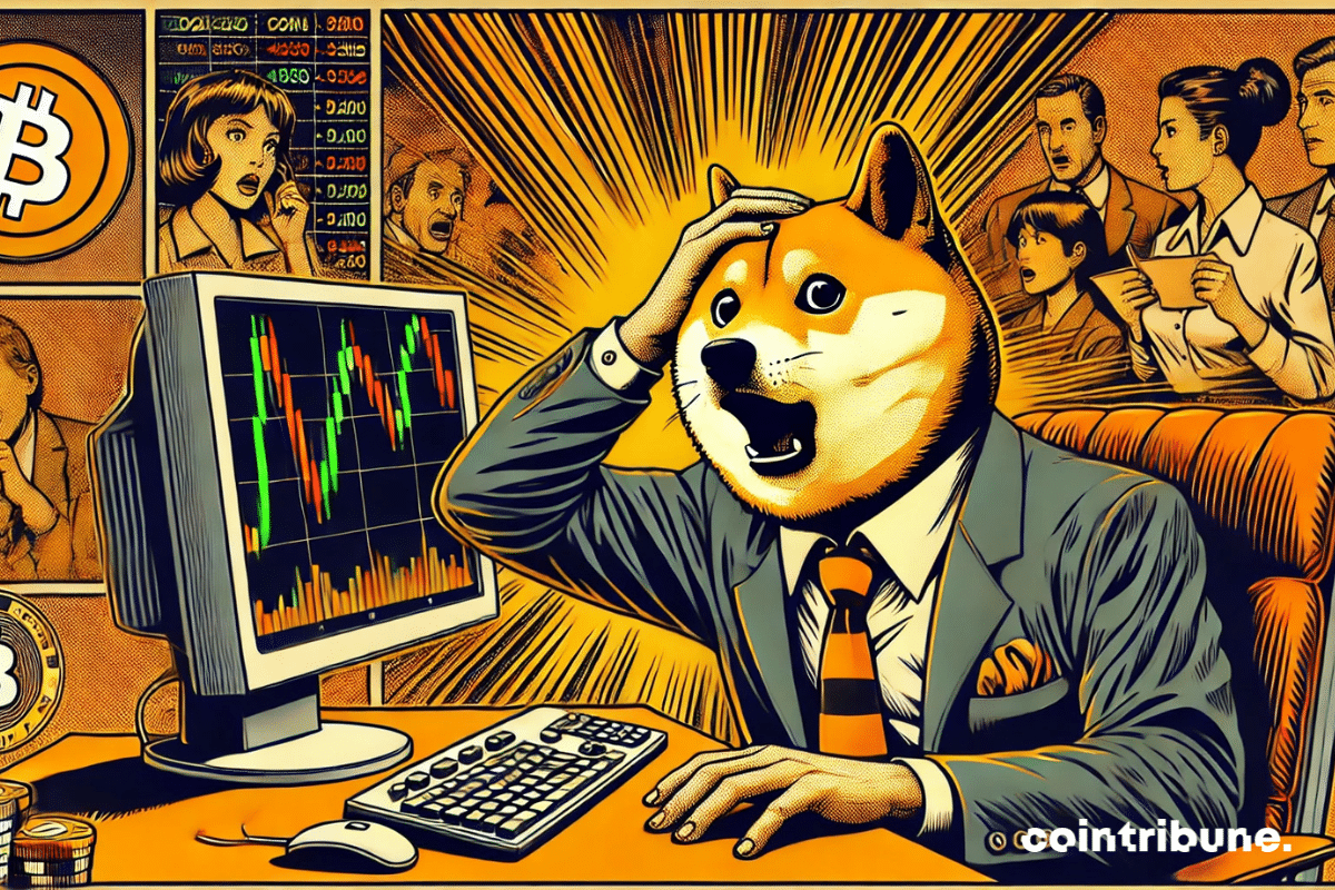 ¡Un trader Dogecoin antropomórfico en pánico por la caída del mercado cripto!