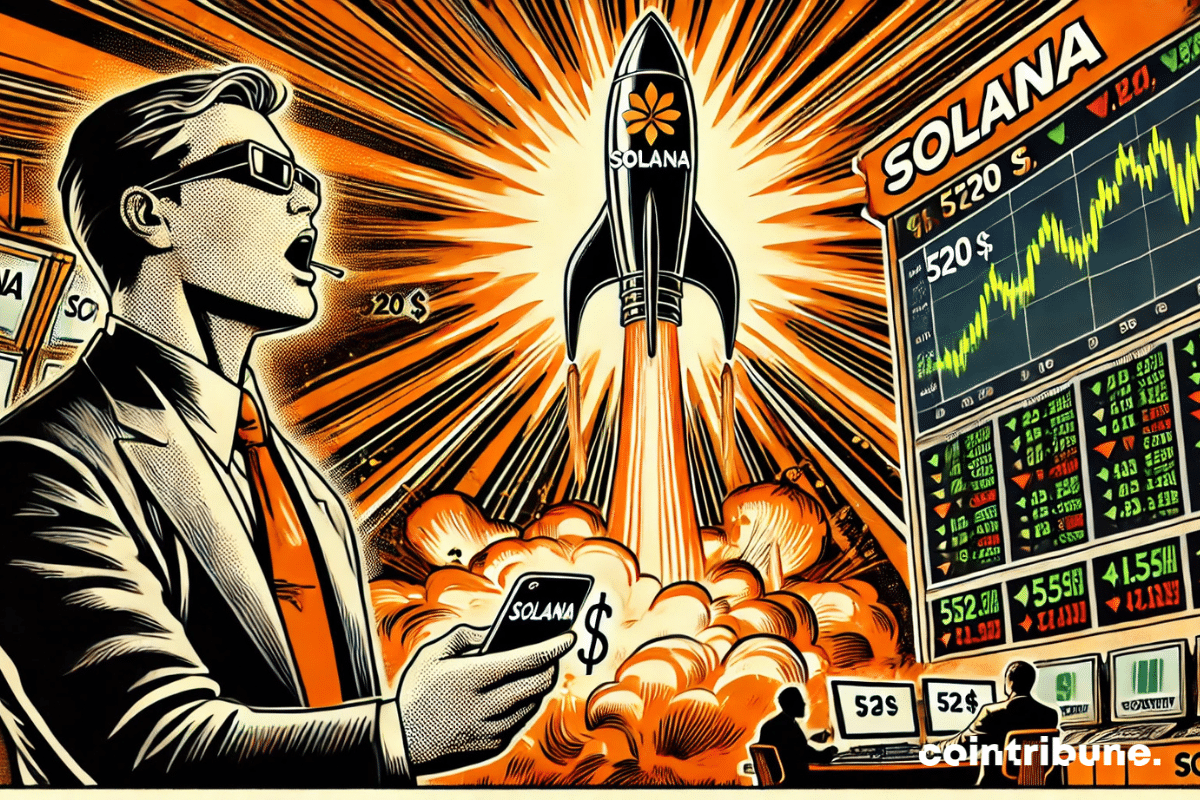 Cripto: ¡El ascenso fulgurante de Solana a 520$! 🔥 El dinamismo y la paleta naranja y negra resaltan la explosión del precio.