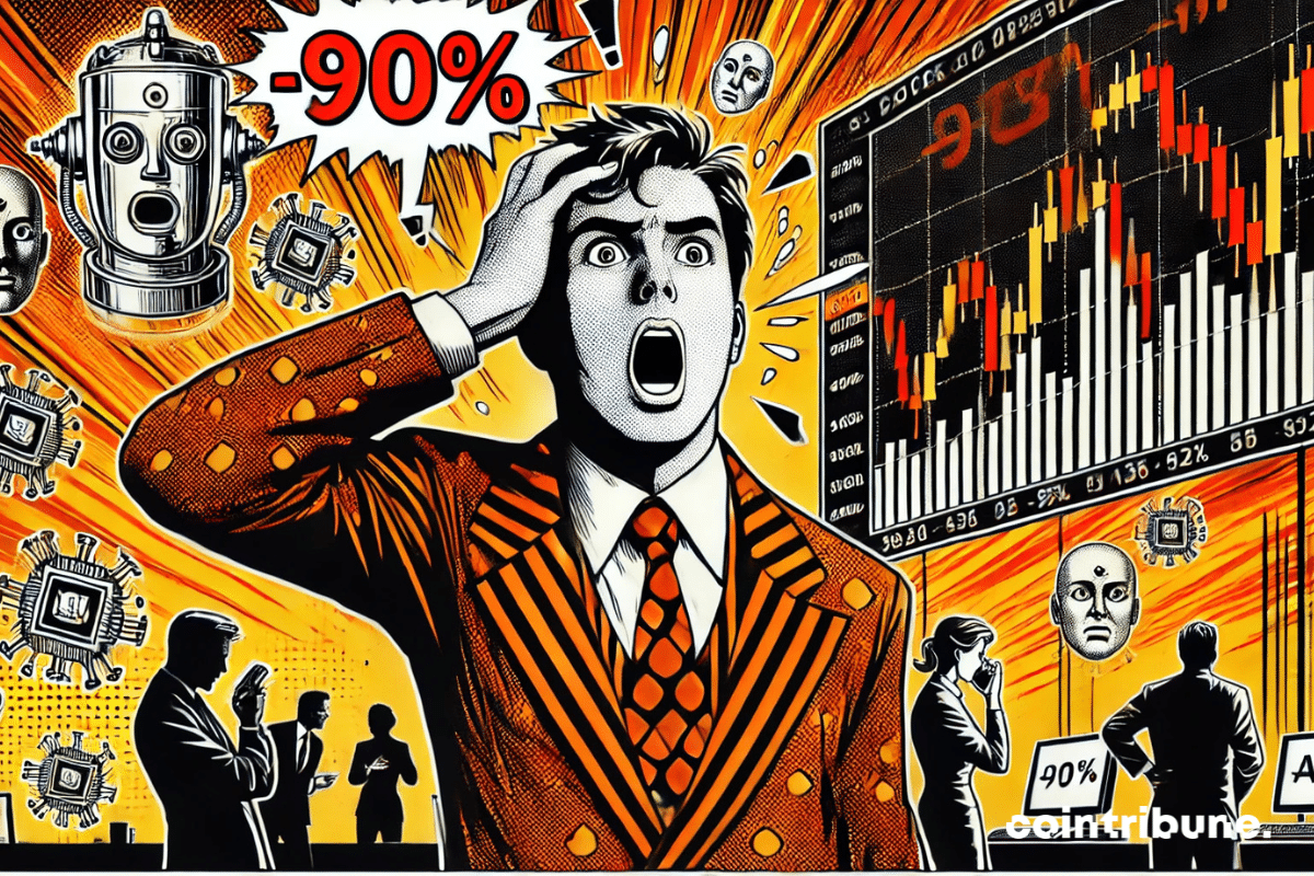 Crypto: The brutal crash of AI tokens – a panicked trader witnessing a 90% drop, with AI symbols fading away.