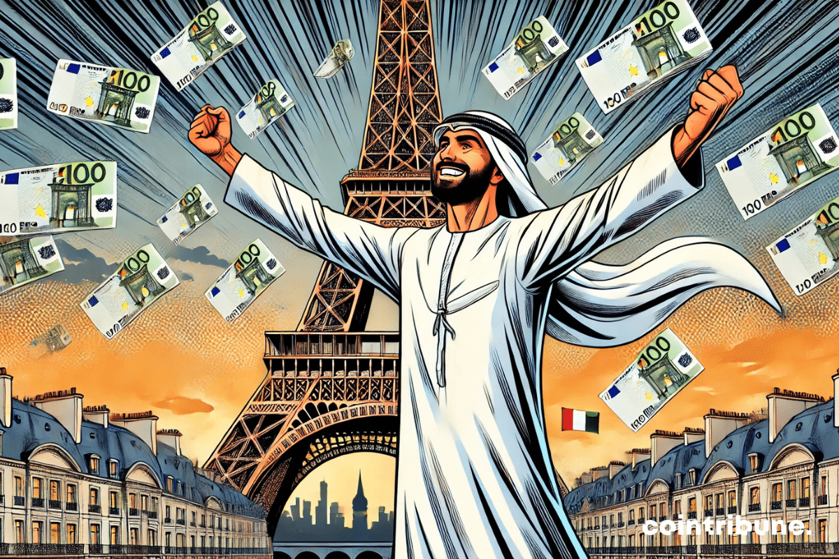 IA: ¡Lluvia de billetes sobre la Torre Eiffel! Captura perfectamente la energía y el impacto de esta inversión de los Emiratos Árabes Unidos en Francia.