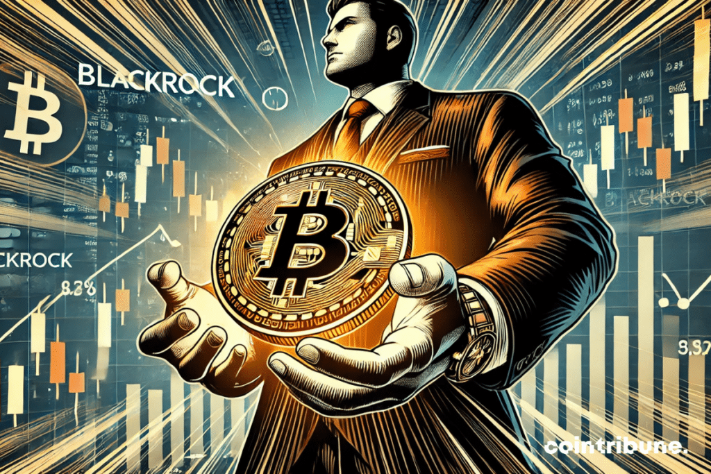 Le géant BlackRock tenant un énorme Bitcoin ! Elle illustre parfaitement la montée en puissance de son investissement.