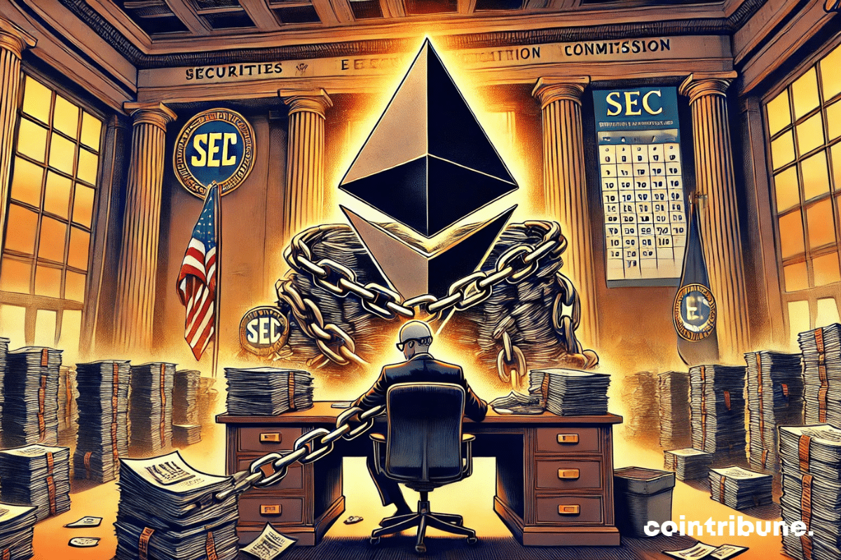 Ethereum enchaîné devant la SEC, symbolisant les retards répétés ! L’image traduit parfaitement la lenteur bureaucratique face à la crypto.