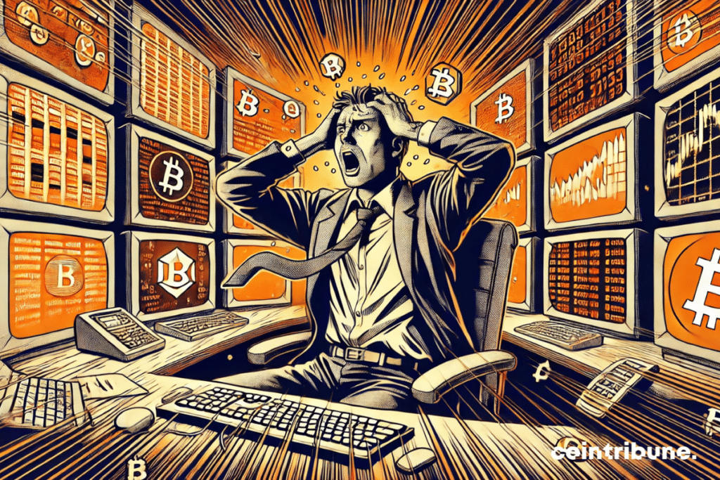 A panicked trader, overwhelmed by a flood of crypto symbols and numbers, bathed in an oppressive orange glow, symbolizing market saturation with a vast number of altcoins.