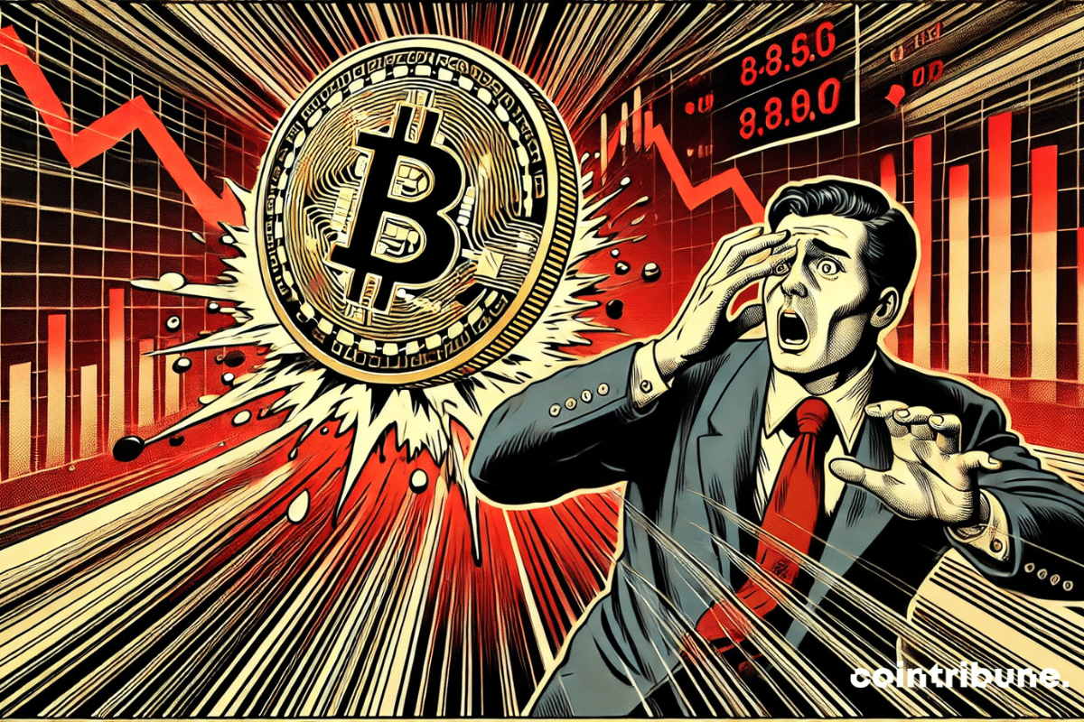 Le bitcoin plonge dans l’abîme, tandis qu’un trader paniqué observe la scène avec stupeur. Une ambiance dramatique et tendue, accentuée par la lueur orange et les graphiques en chute libre.