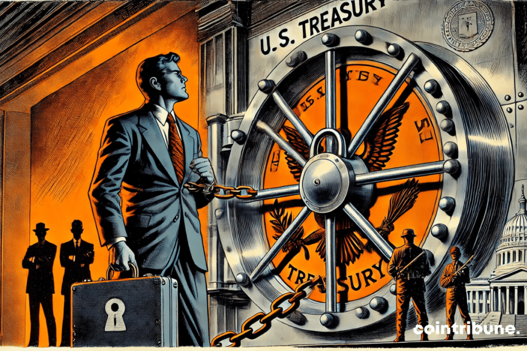 A frustrated businessman (Musk) tries to open a reinforced door marked with the seal of the U.S. Treasury, while government figures watch from the shadows.