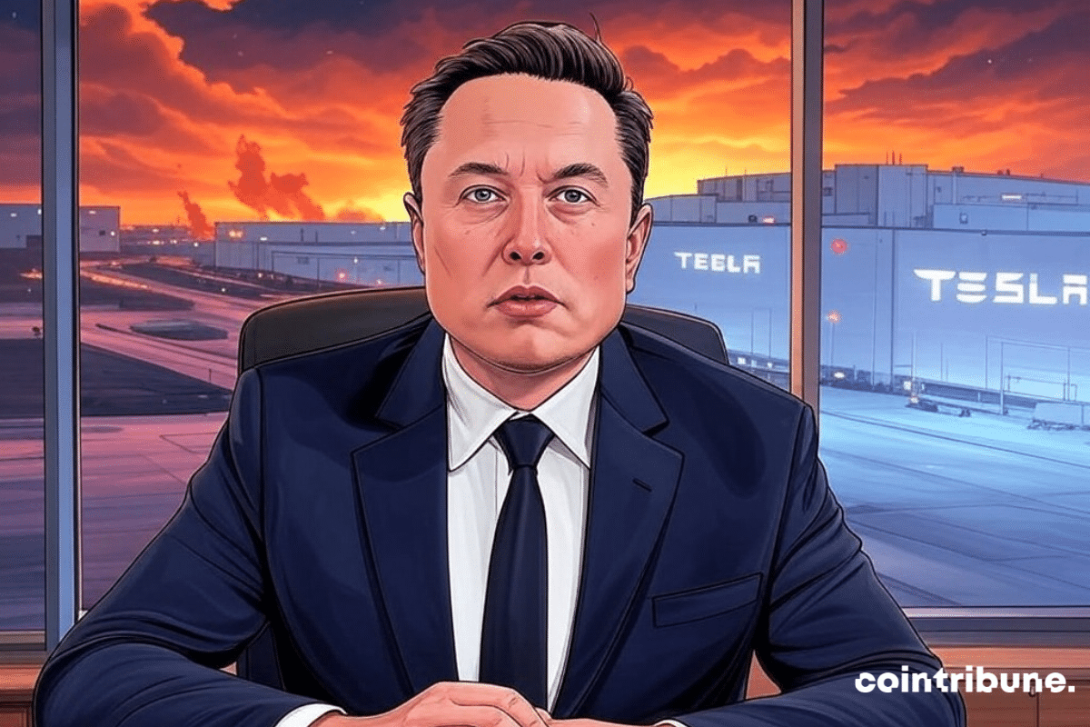 Elon Musk assis dans un bureau à baie vitrée, en arrière plan une usine Tesla