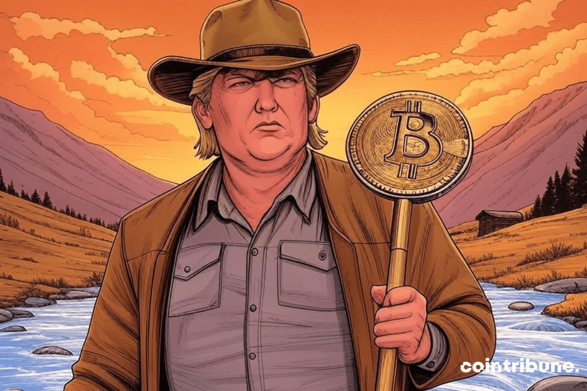 Donald Trump disfrazado de prospector con un pico de bitcoin