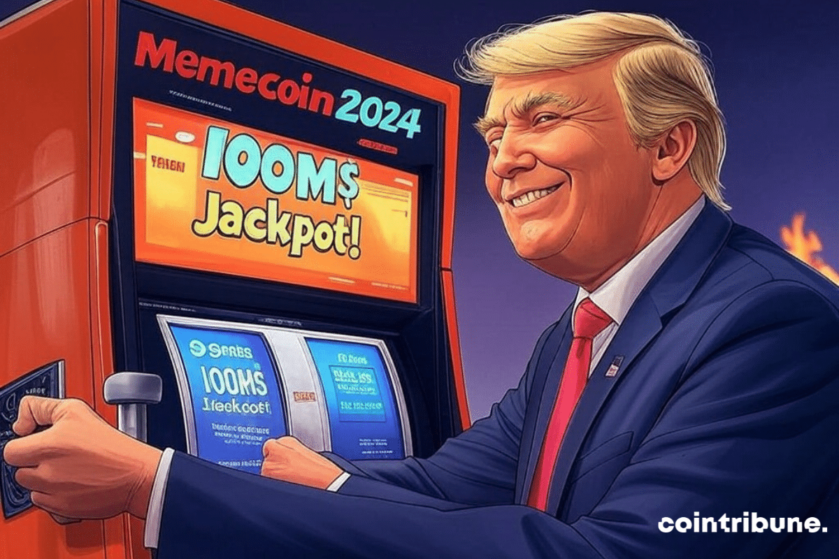 Trump in front of a slot machine hitting a jackpot