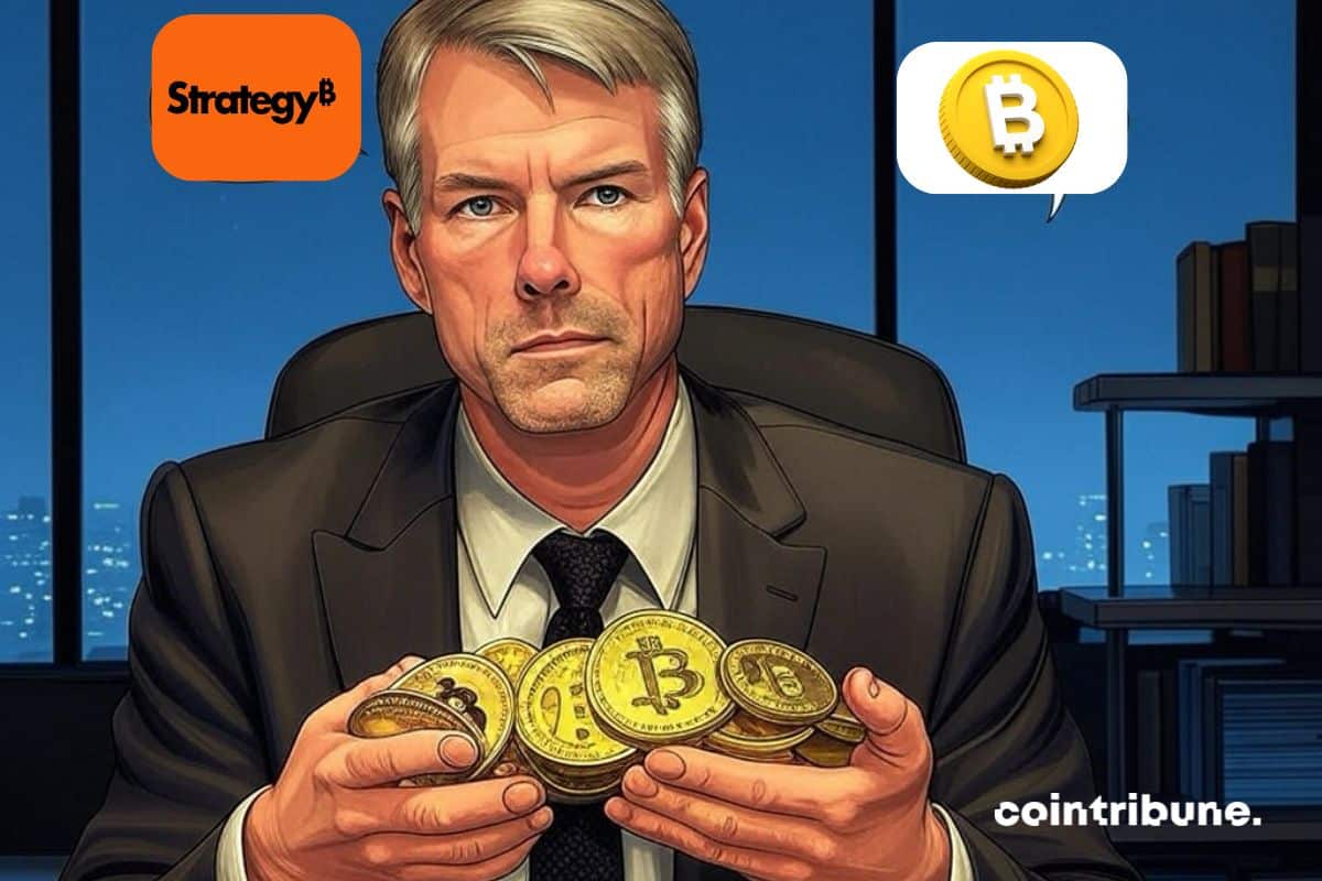 Michael Saylor, CEO de Strategy con un montón de bitcoin