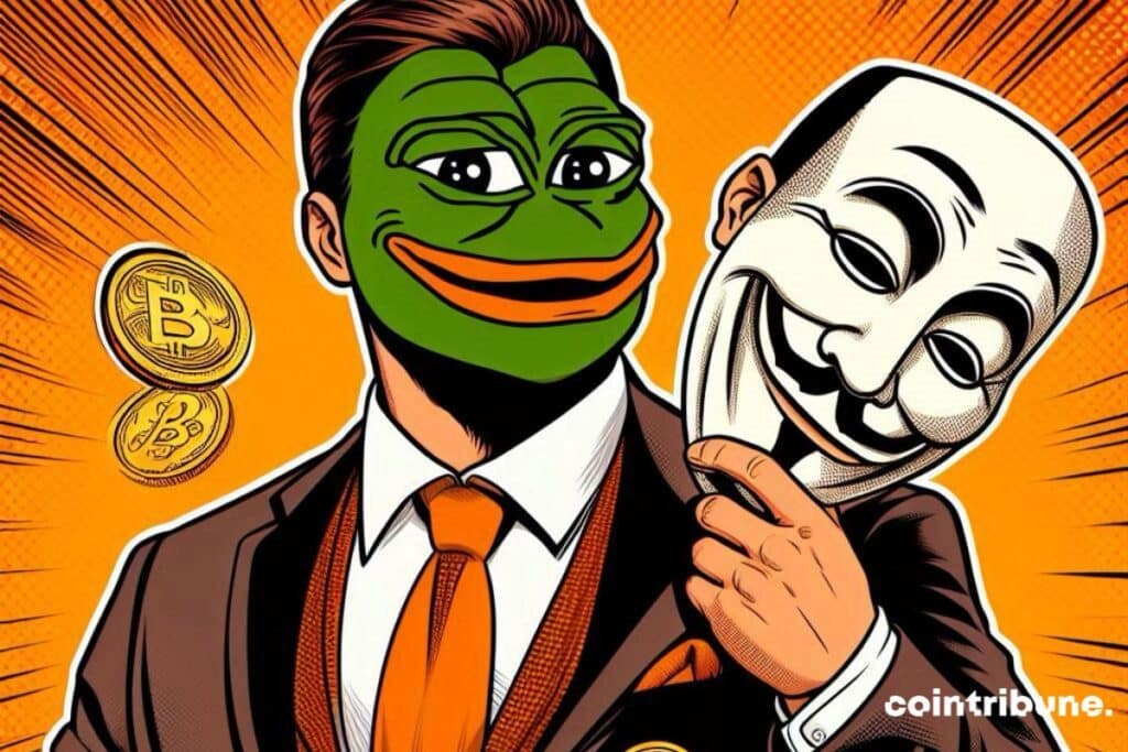 A humanized altcoin that removes its mask to reveal the PEPE memecoin.