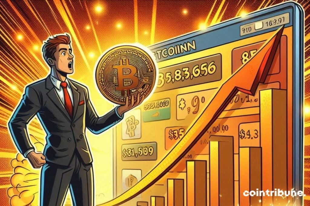 Seorang investor di depan data ICP dan kurva bitcoin yang progresif