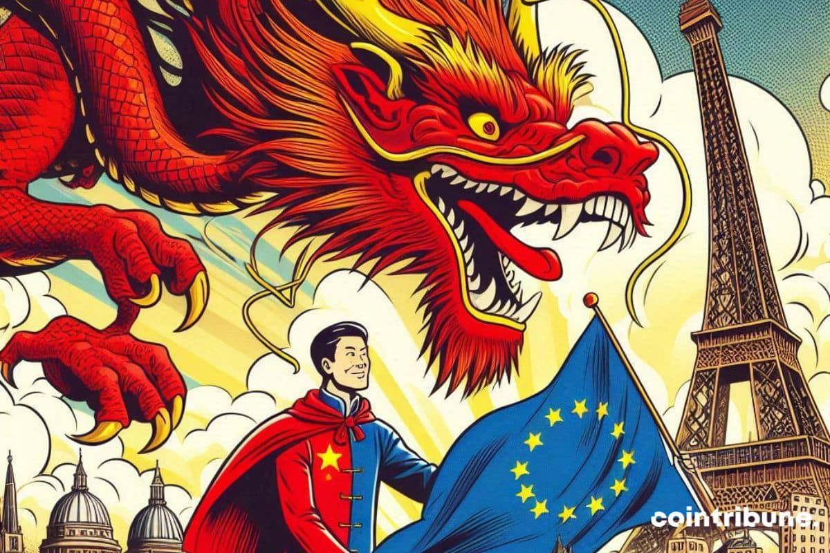 Un dragón con un representante chino y una bandera europea.