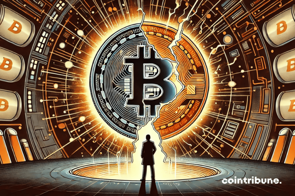 A huge, classic Bitcoin is shown in the center of the image. It is in the process of fragmenting, its pieces slowly breaking away to reveal a modernized, brighter version below. La transition est marquée par des éclairs et des flux d’énergie qui parcourent la surface de la pièce, suggérant une transformation puissante et technologique.