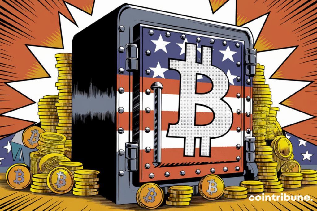 Illustration of a massive safe taking center stage. It looks very solid and full. It's filled with bitcoins. The safe is decorated with a bitcoin symbol. The safe bears the colors of the United States.