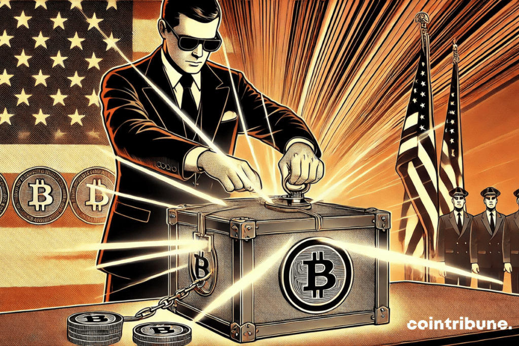 A man in a dark suit and sunglasses opens a locked safe adorned with the Bitcoin symbol, with American flags and Bitcoin coins in the background.