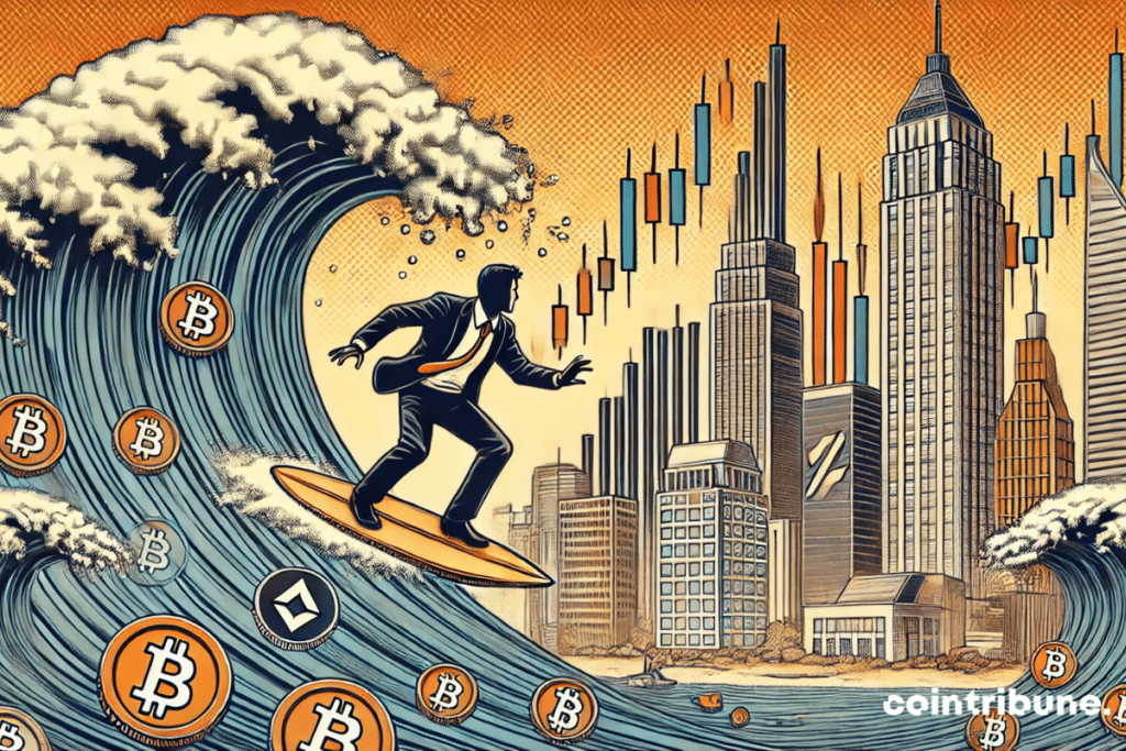 Trader surfing a wave surrounded by RWA cryptos