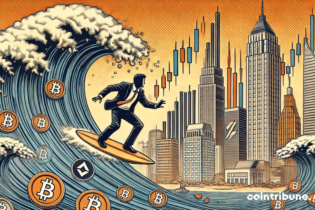 Trader surfant sur une vague entourée de cryptos RWA