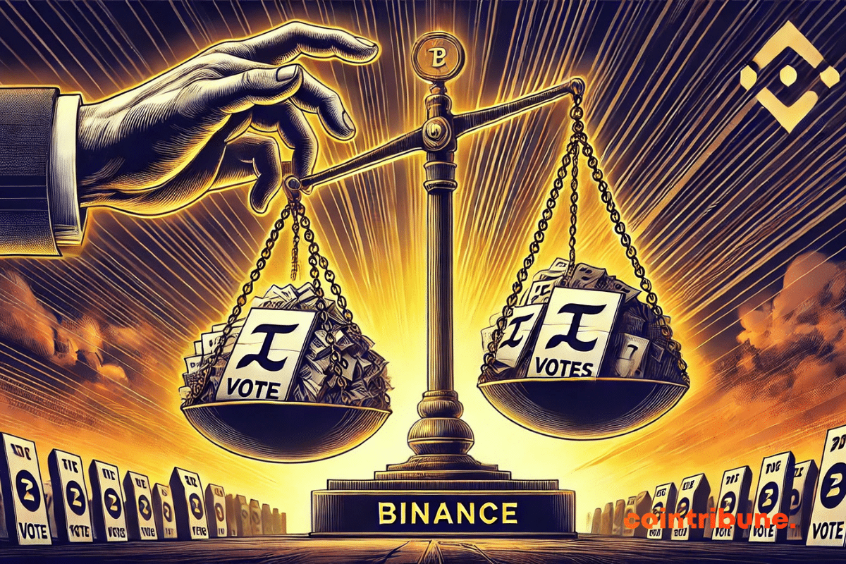 Balanza con papeletas de Pi Coin manipuladas por una mano de Binance