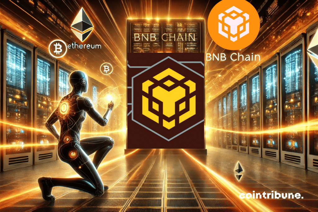 High-tech futuristic environment with illuminated Blockchain server, data streams converging towards the central point in binance