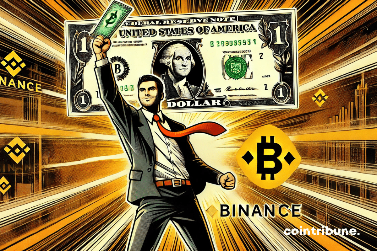 Un personnage vêtu d’un costume, lève un gros billet de 1 dollar avec le logo de Binance brillant en arrière-plan