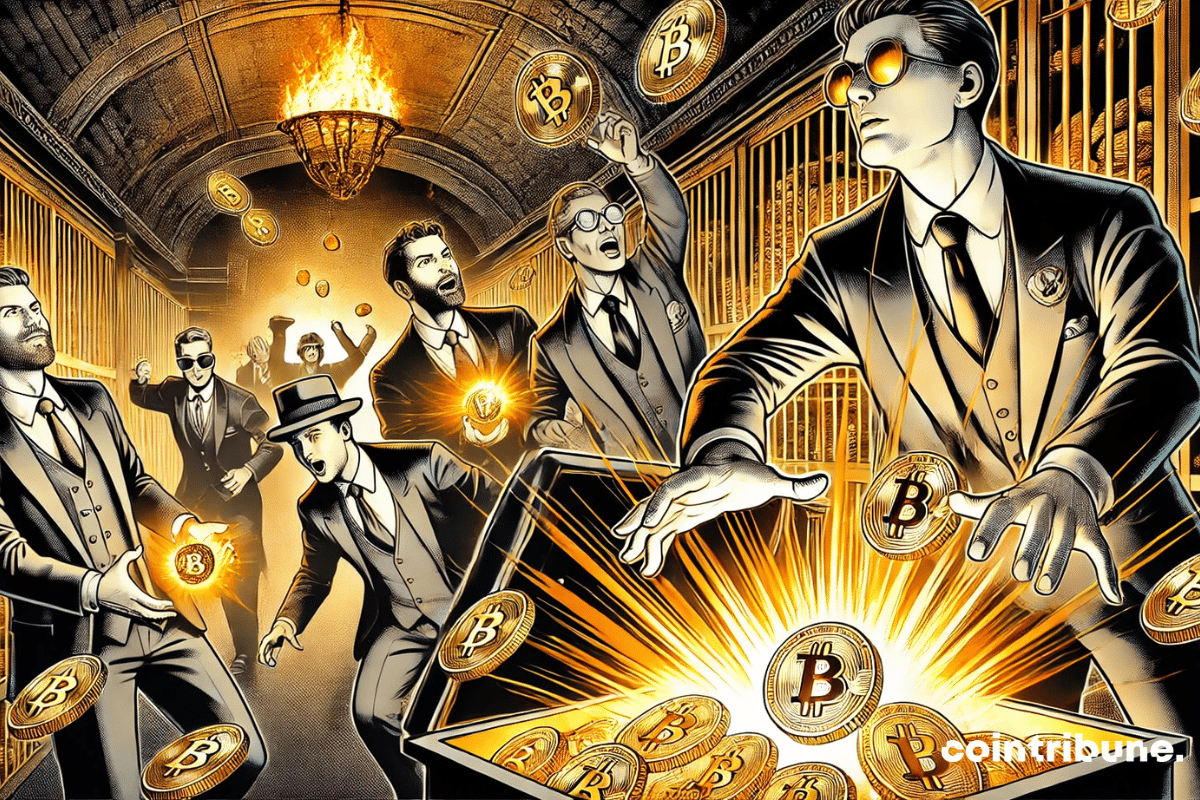 Des personnages riches jetant des lingots d’or dans les flammes tout en se tournant vers le bitcoin avec enthousiasme