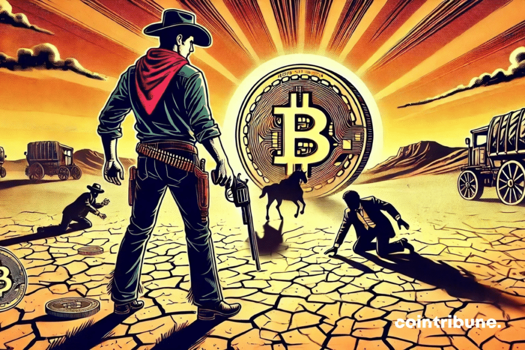 A cowboy stands in a standoff against kneeling opponents, with the sun shaped like Bitcoin, symbolizing its dominance.