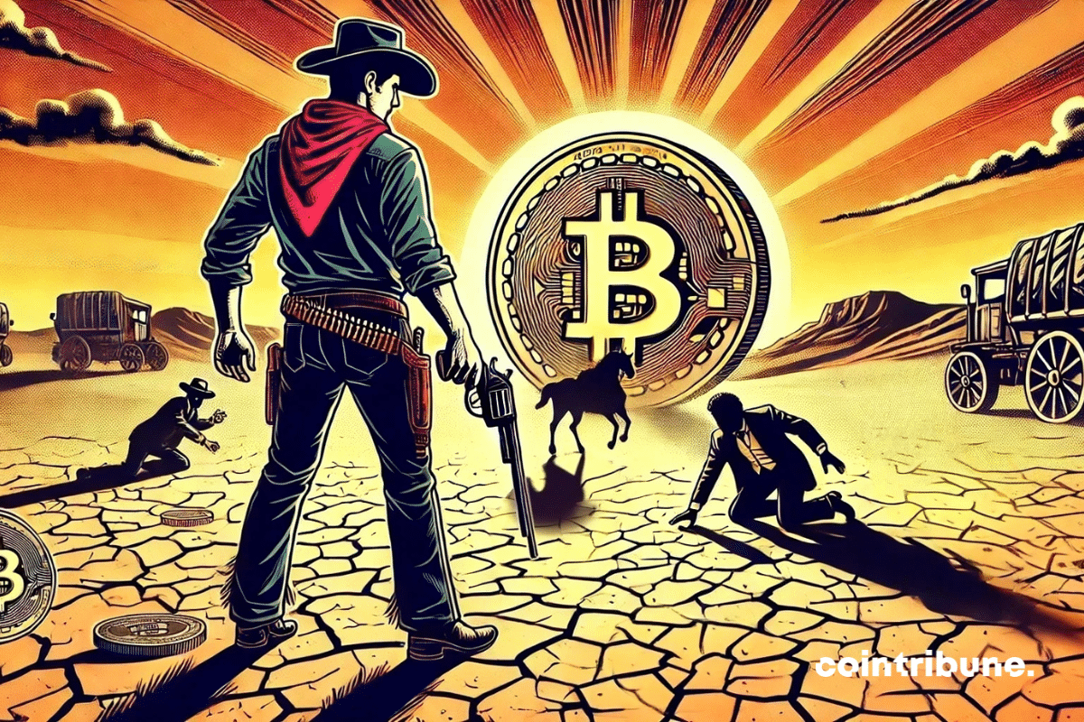 Un vaquero armado enfrenta a sus oponentes arrodillados en un duelo, con un sol en forma de Bitcoin, simbolizando su supremacía.