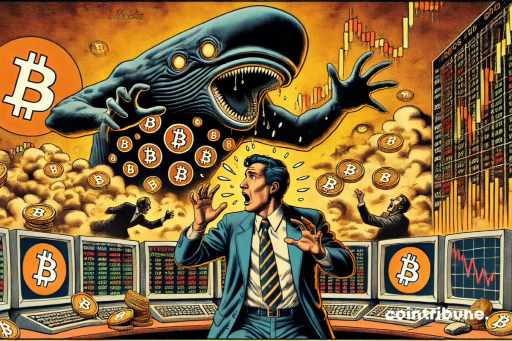 Contrast between panic of trader and strategic peace of giant silhouettes using the fall of bitcoins