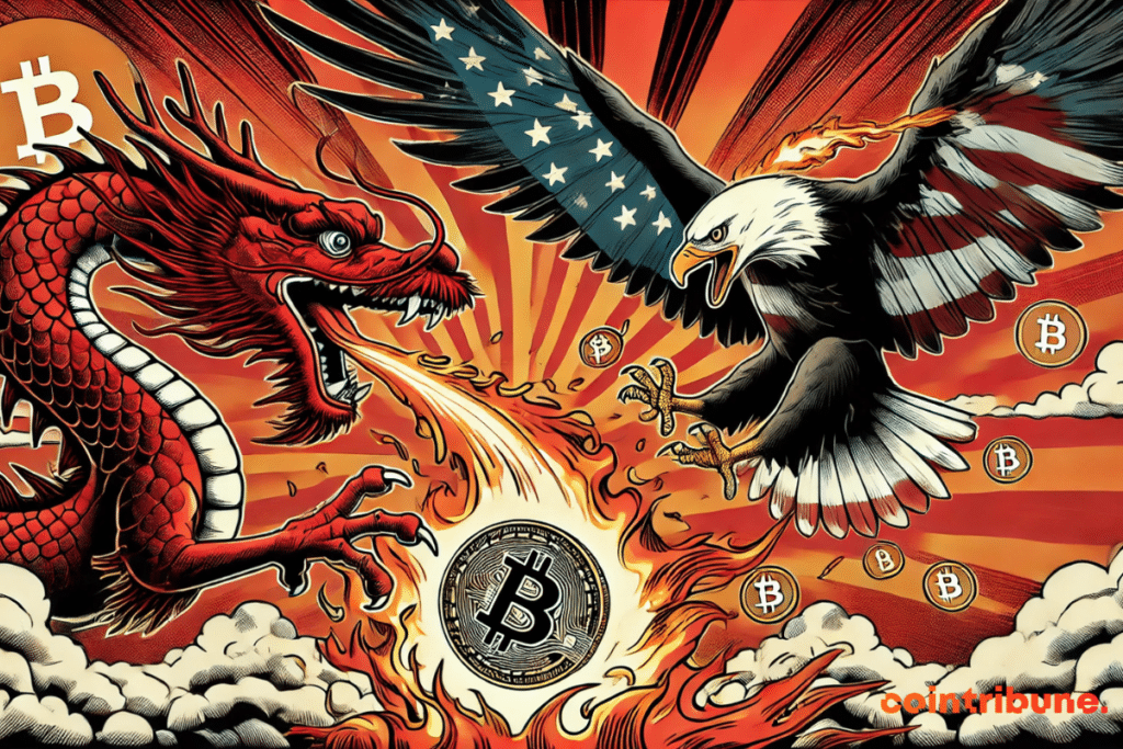 A Chinese dragon faces an American eagle Bitcoin on fire