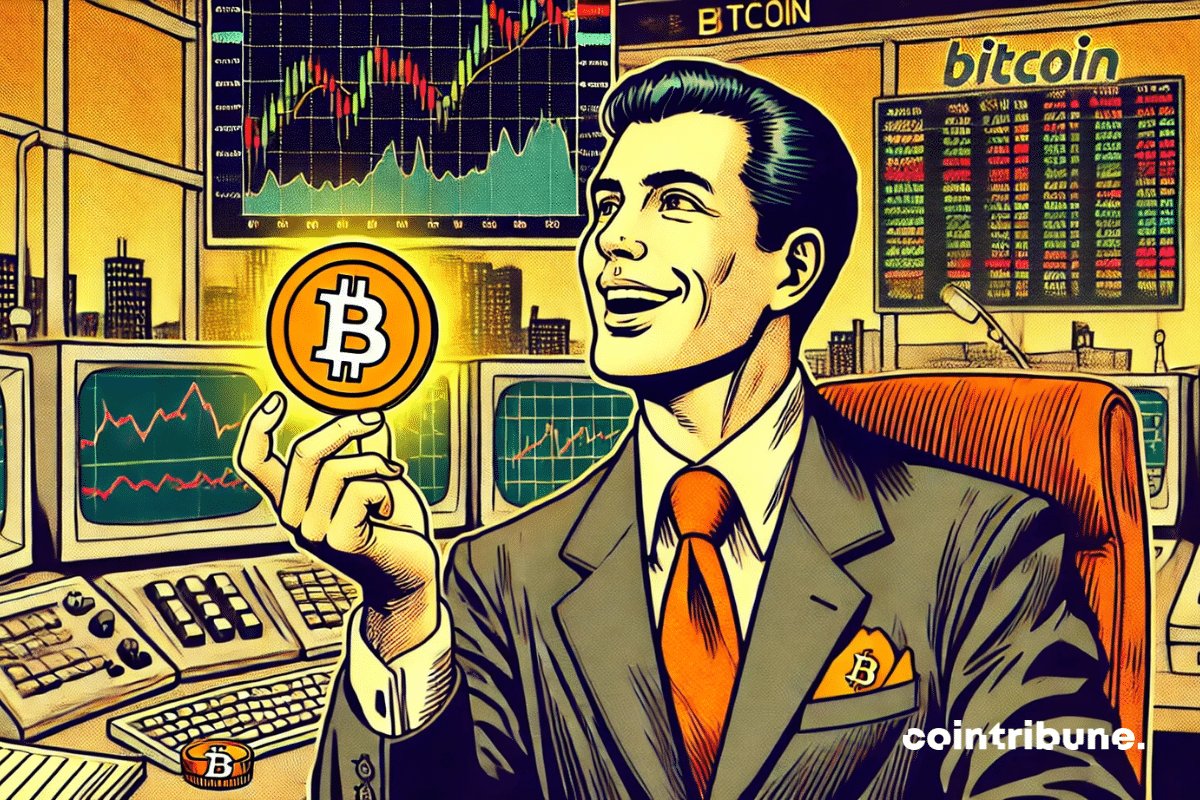 A trading desk, computer screen displaying a rollercoaster graph. A trader in a suit, smiling confidently, buying Bitcoin despite a crash visible on his screen.