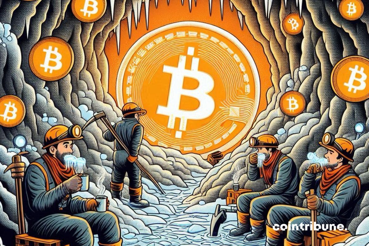 Mina de Bitcoin completamente congelada con los mineros sentados tomando café