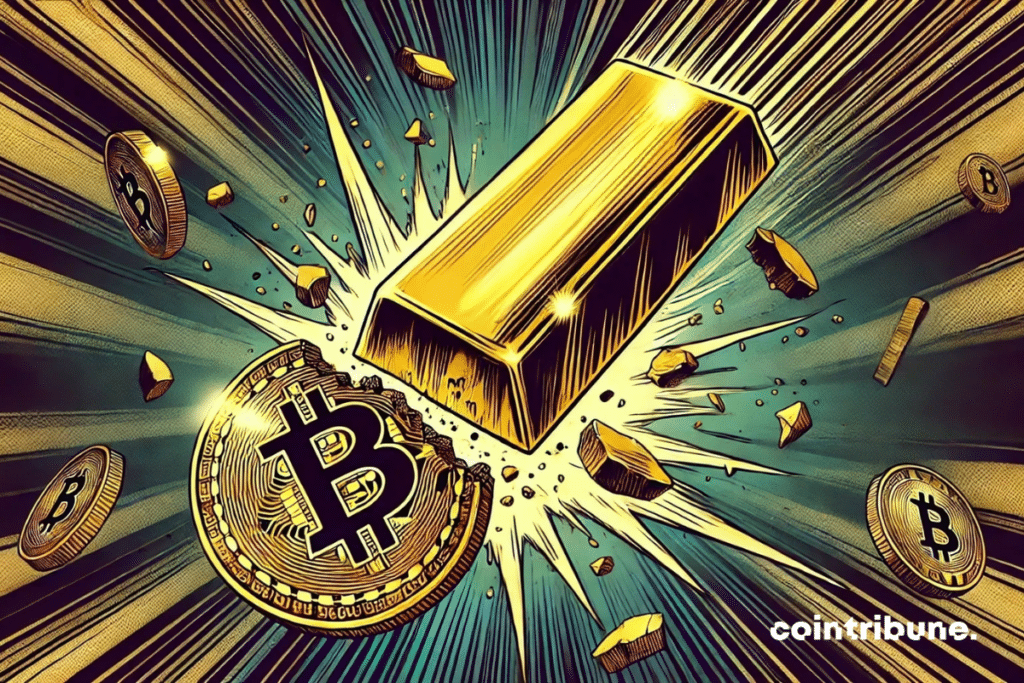 A gold bar crashes into a Bitcoin coin, shattering it into pieces, symbolizing gold’s dominance over cryptocurrency.