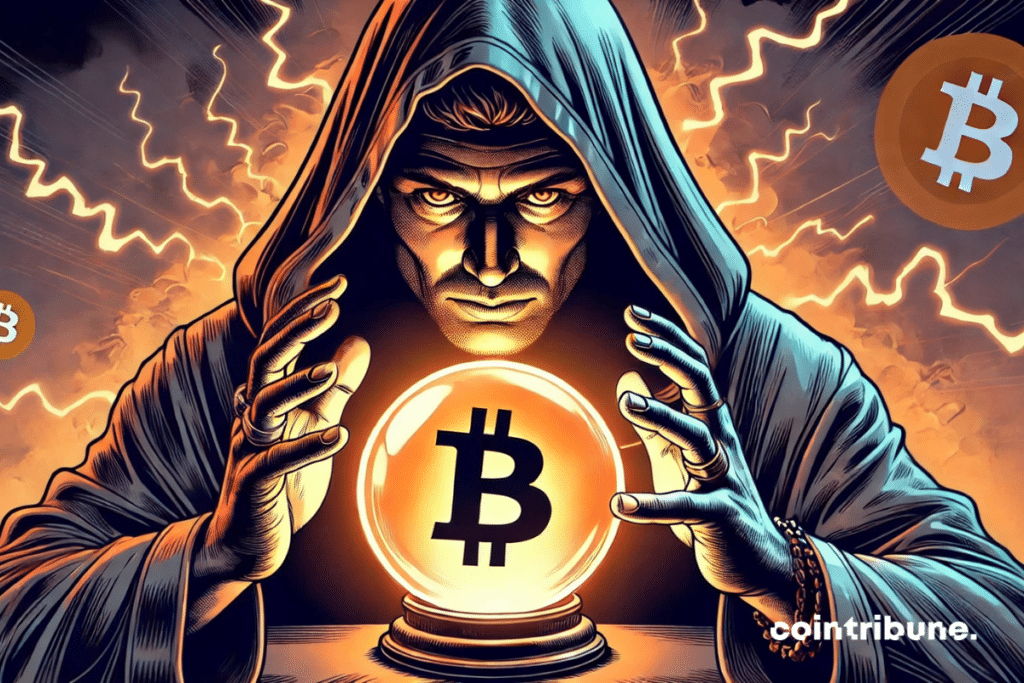 A clairvoyant in a dark cape scrutinizes a luminous crystal ball marked with the Bitcoin symbol, surrounded by mystical lightning bolts, symbolizing the future of BTC.