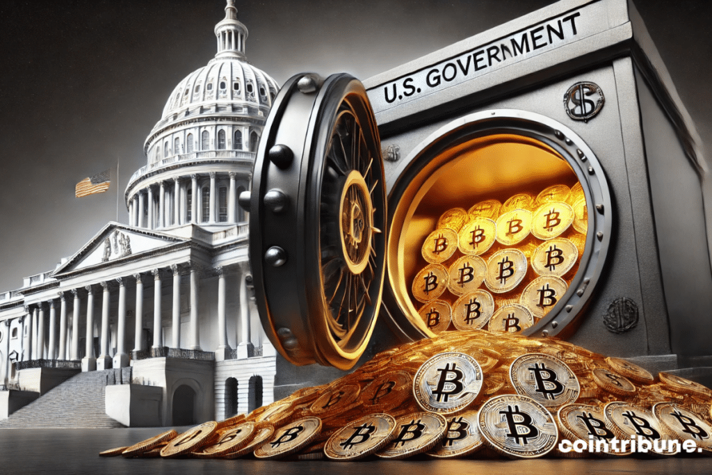 A huge safe bearing the seal of the U.S. government, open and overflowing with bitcoin