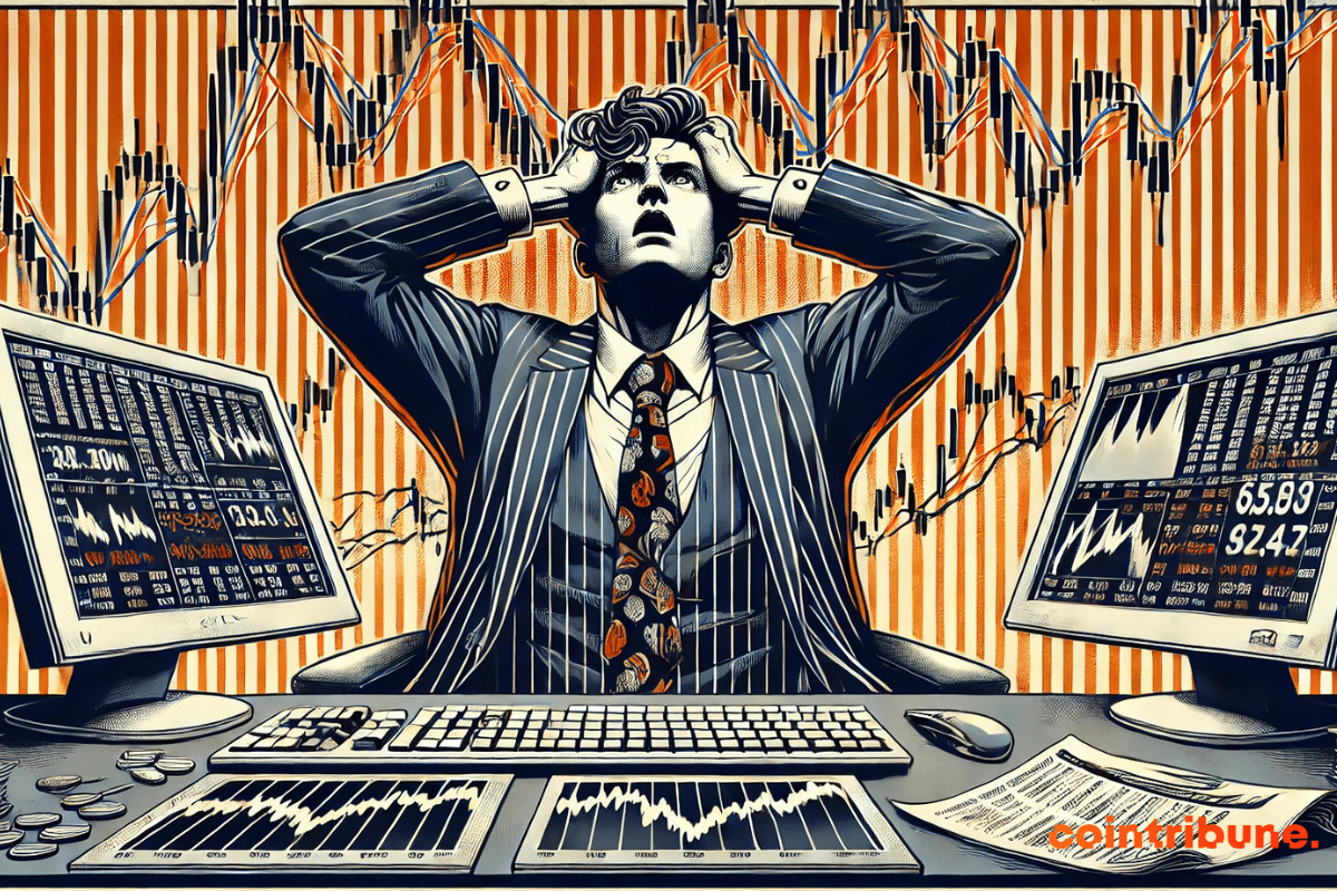 A trader on the Paris stock exchange, wearing a suit and tie, sits at his desk, hands on his head, staring at a screen full of zigzagging stock market curves.