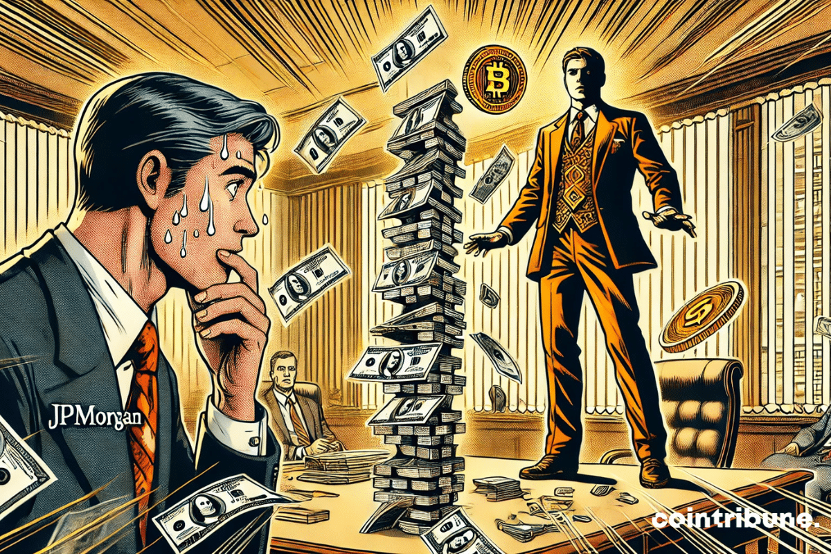 Crypto: A JPMorgan banker in a suit and glasses, sweating as he desperately tries to stabilize his house of cards