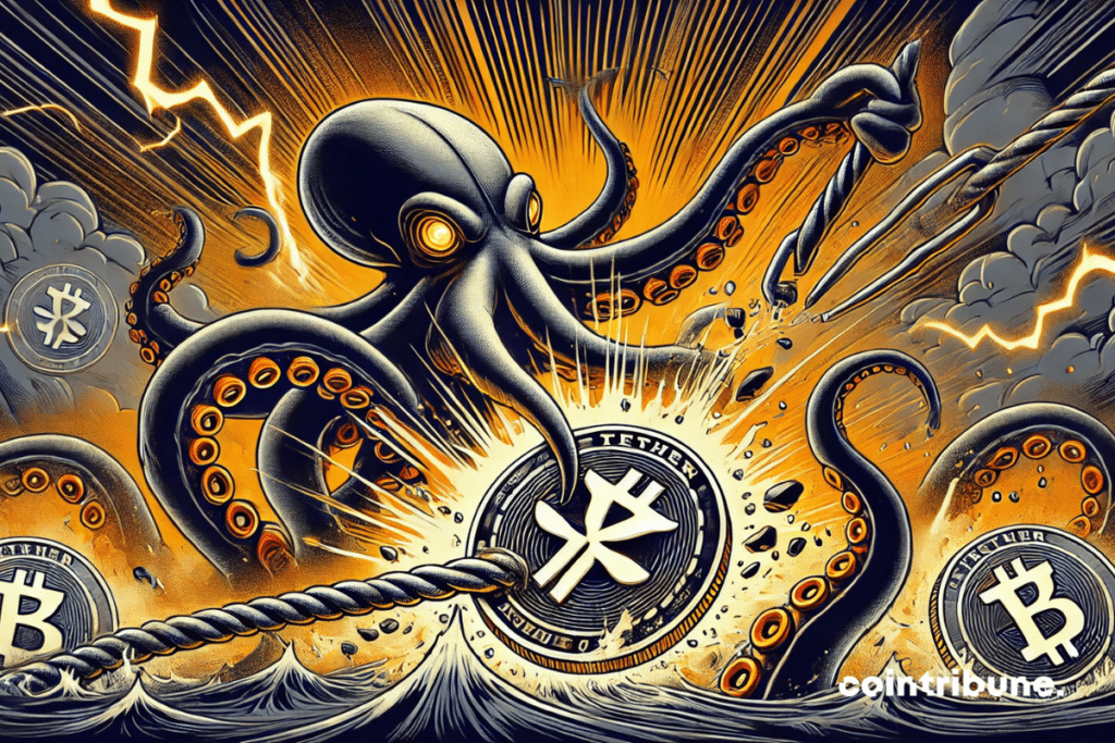 Une gigantesque pieuvre représentant l’exchange crypto Kraken coupant clairement le lien avec Tether