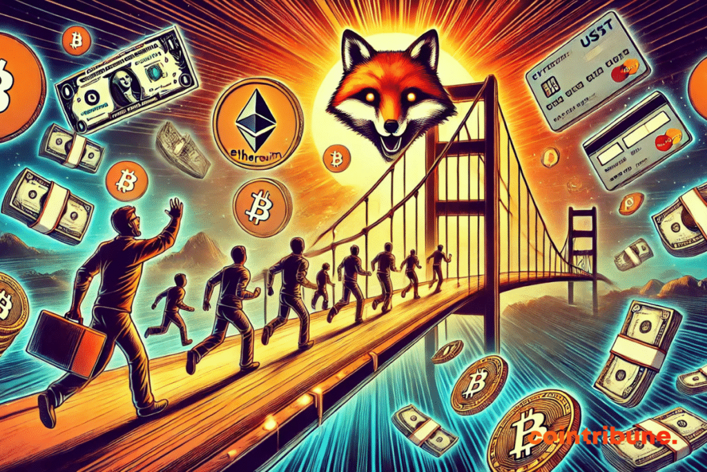 Large Fox -shaped Fox Bridge connecting two different worlds: Crypto Universe and Fiat Universe