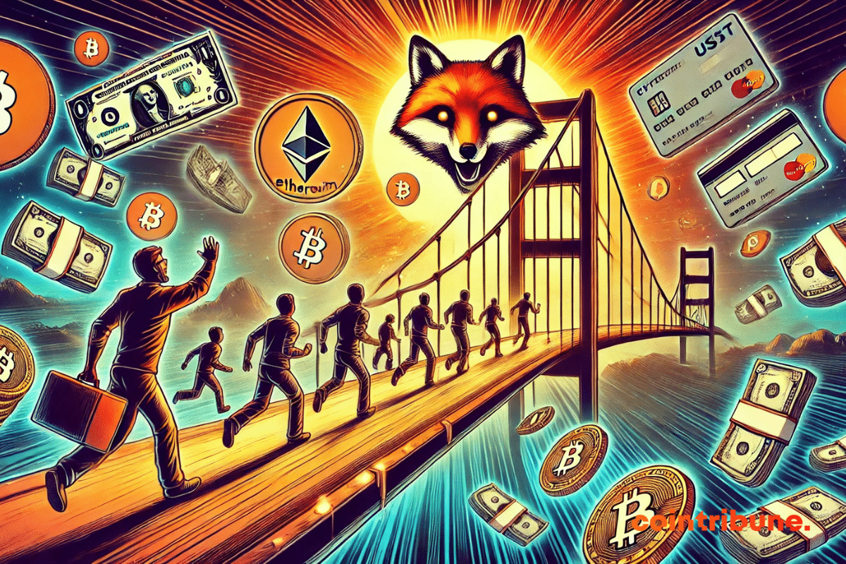 A large MetaMask fox-shaped suspension bridge linking two distinct worlds: the crypto universe and the fiat universe.