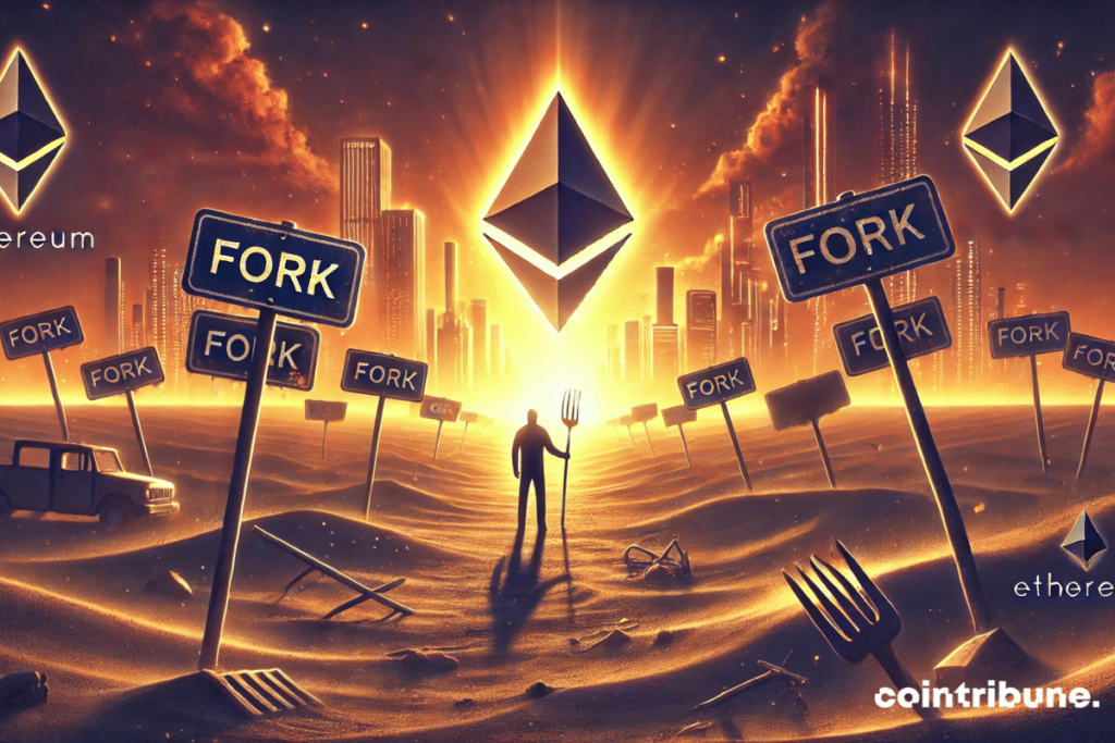 A digital wasteland filled with abandoned “Fork” signs with a developer walking towards a glowing Ethereum city symbolizing the future.