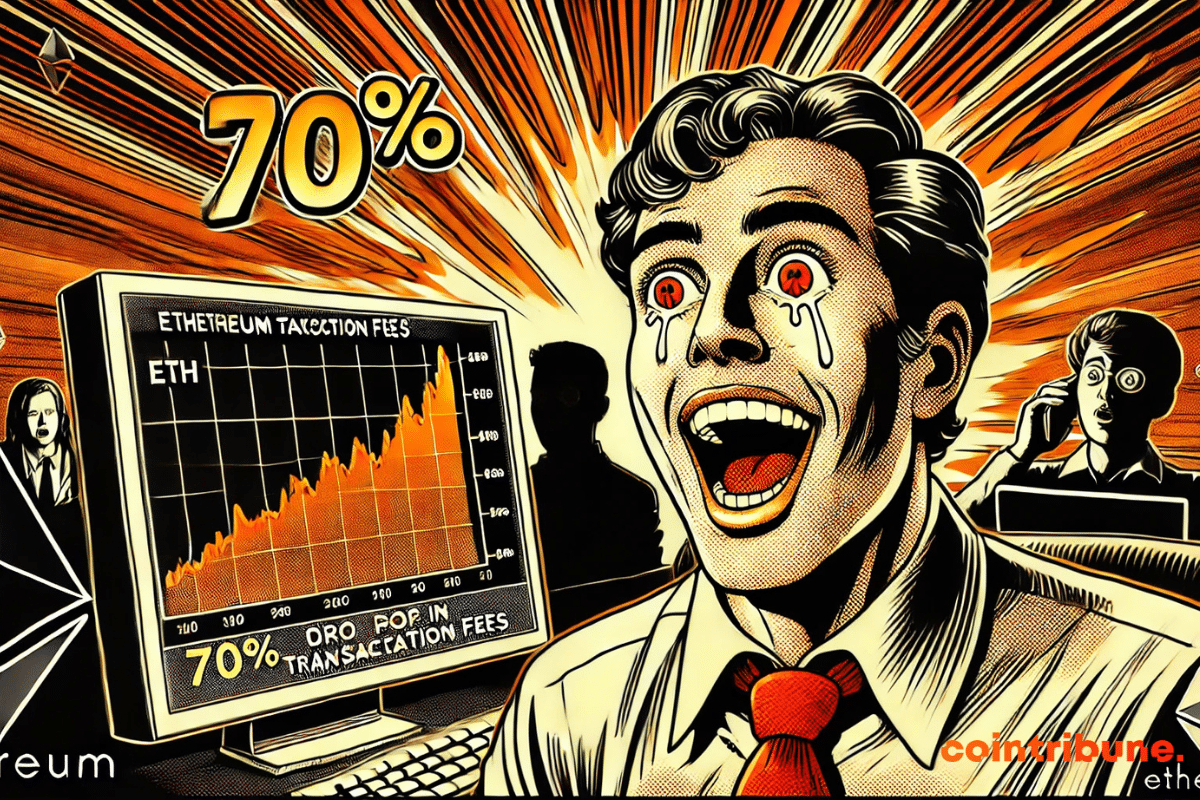 Plan rapproché sur un trader Ethereum devant un écran, les yeux écarquillés et un sourire euphorique