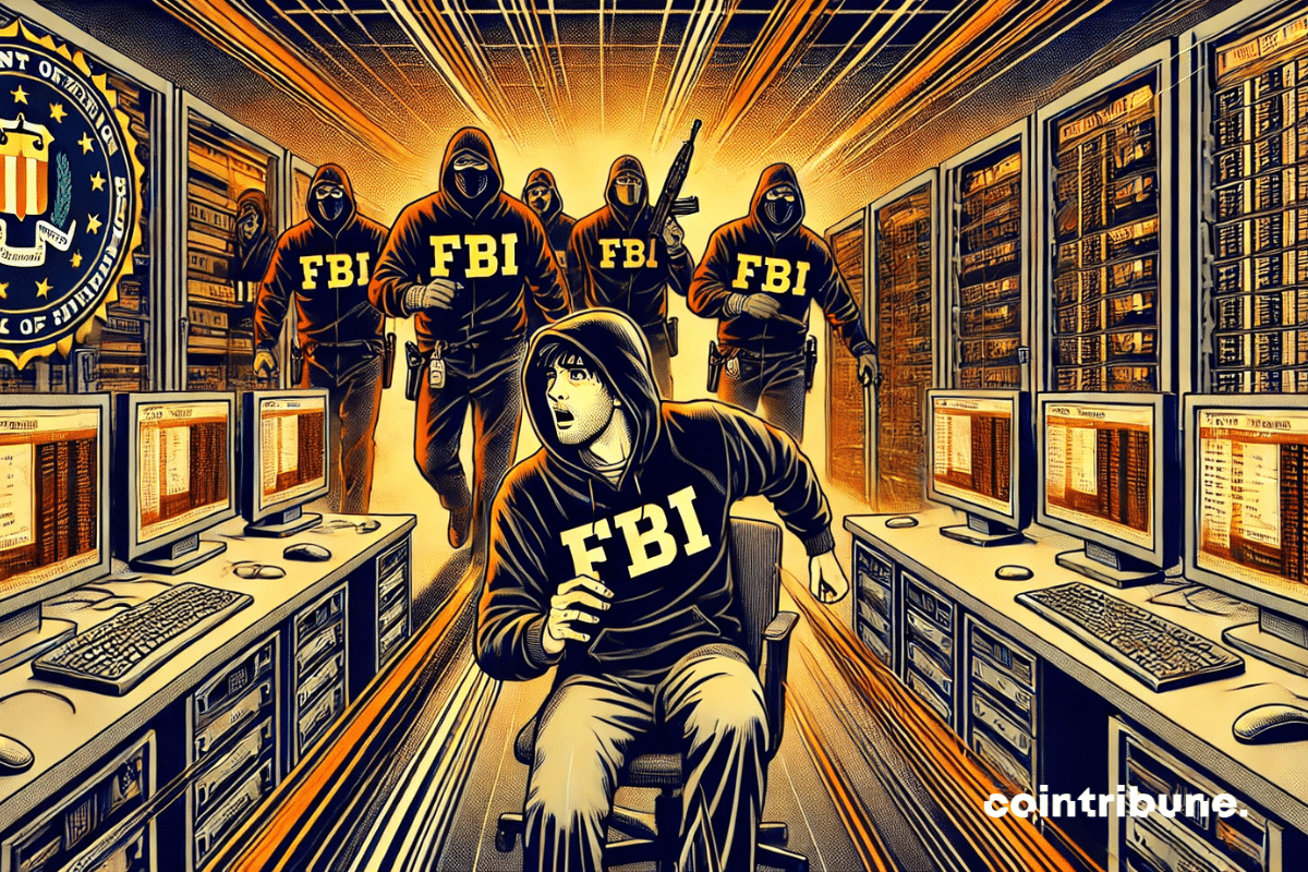 Des agents du FBI en train de perquisitionner un bureau avec des serveurs et des écrans montrant des transferts crypto en cours. Un individu en sweat à capuche est assis, pris de court.