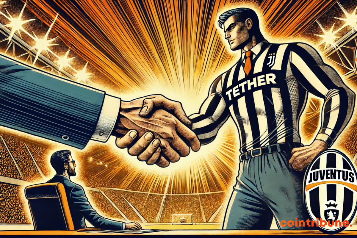 Close-up of a firm handshake between crypto company Tether and a soccer player in Juventus kit