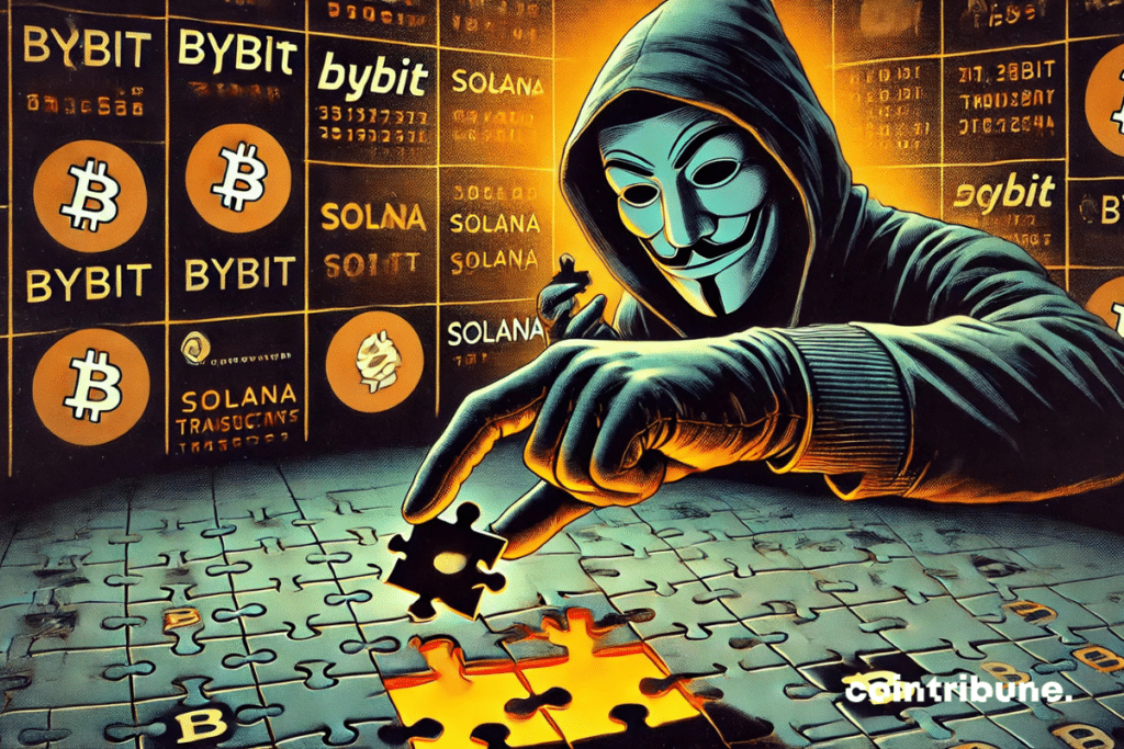 The crypto-theft puzzle. It captures the mystery and tension of the Bybit hack and Solana scams