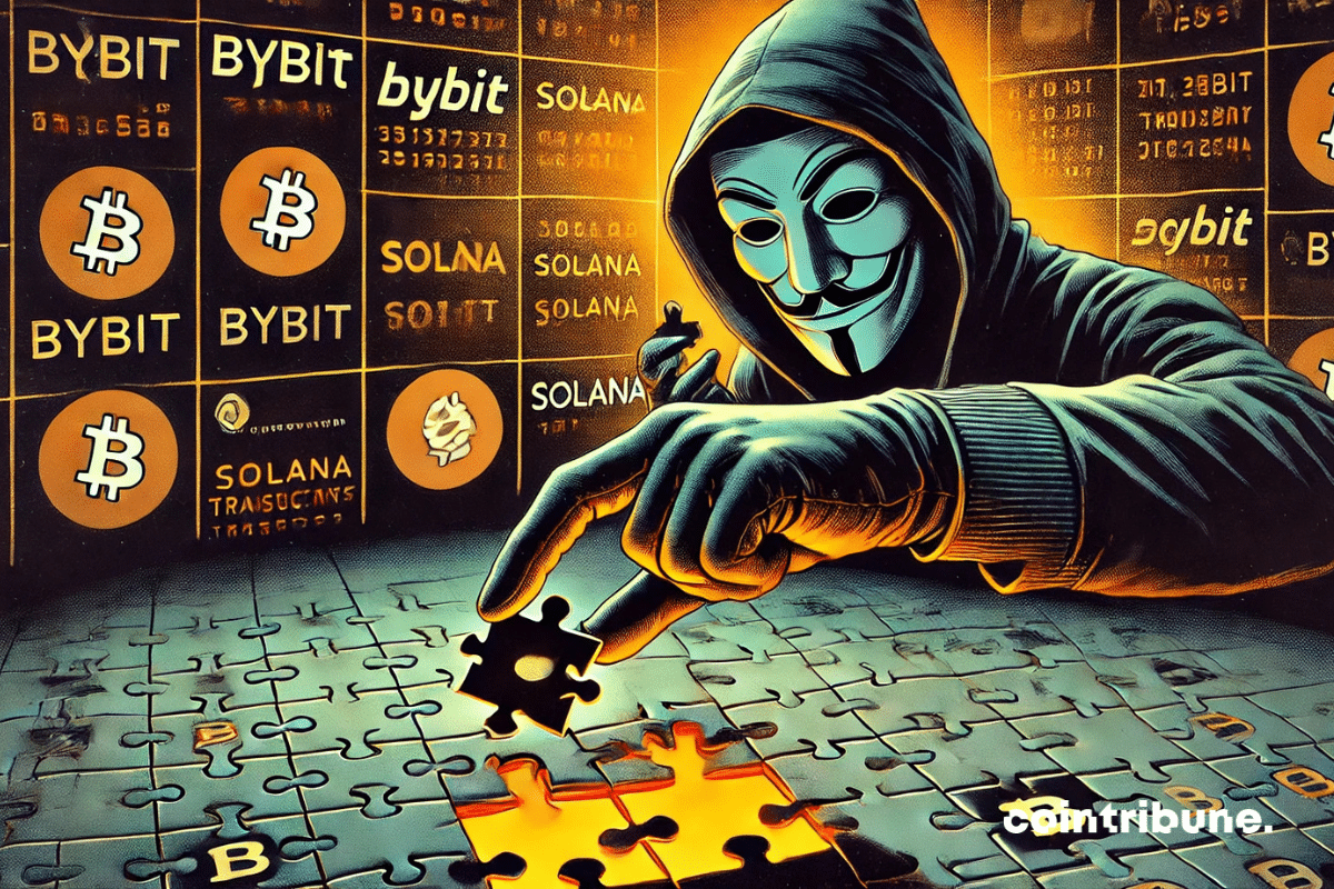 Le puzzle des crypto vols. Elle capture le mystère et la tension du hack Bybit et des arnaques Solana