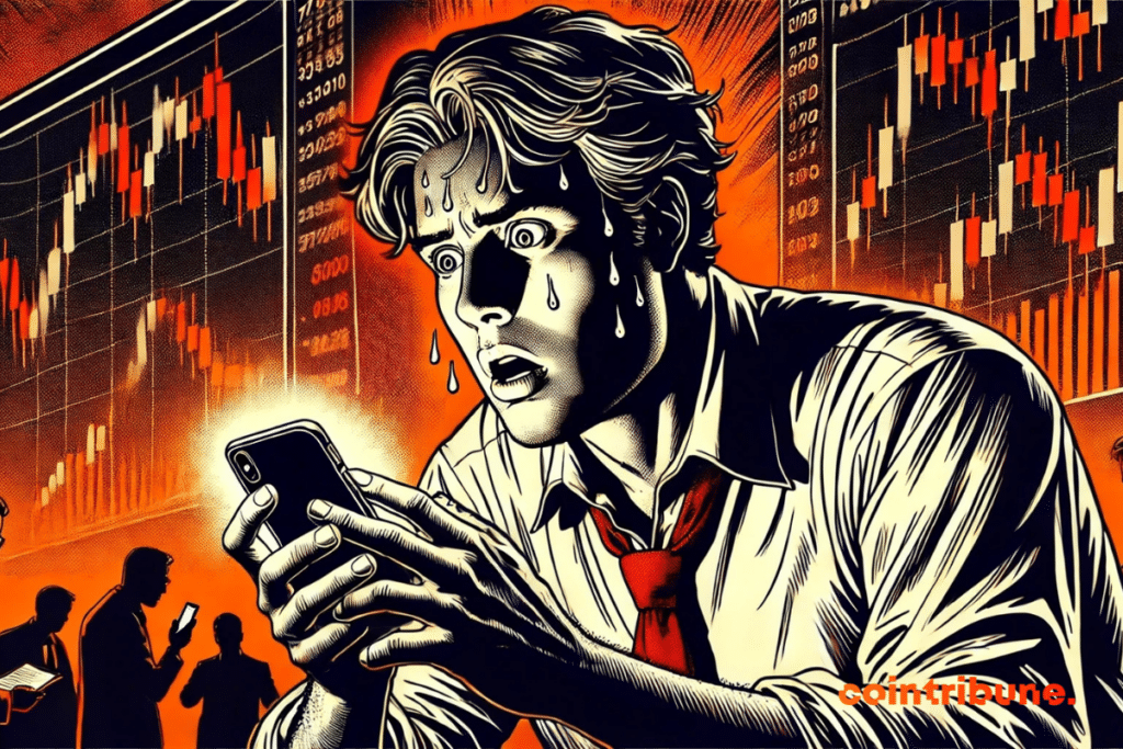 The panic trader, in Sweat, looks at his phone with a studor, while graphics in the background shows the brutal collapse of the market.