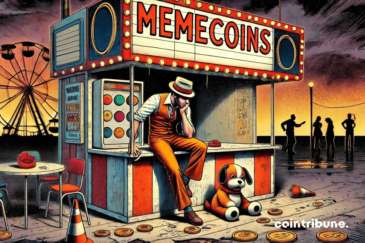 Un puesto de feria abandonado con un letrero de "MEMECOINS". Un hombre con traje retro, cabizbajo, se sienta en el mostrador, representando la caída del mercado de memecoins.